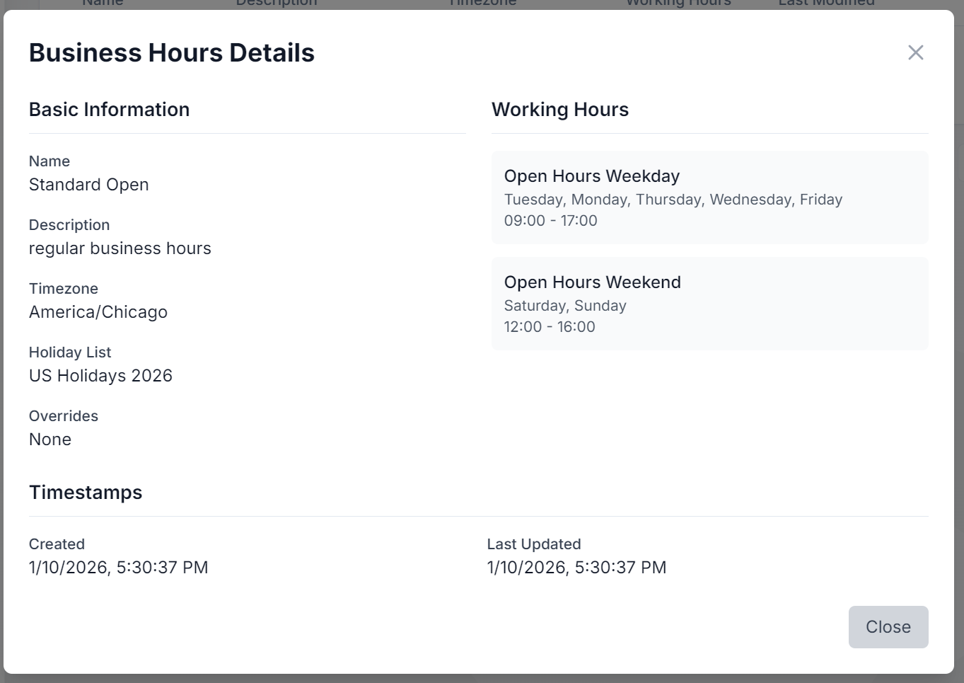 Business Hours Details