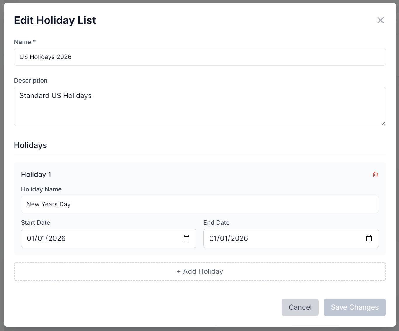 Holiday List Editor